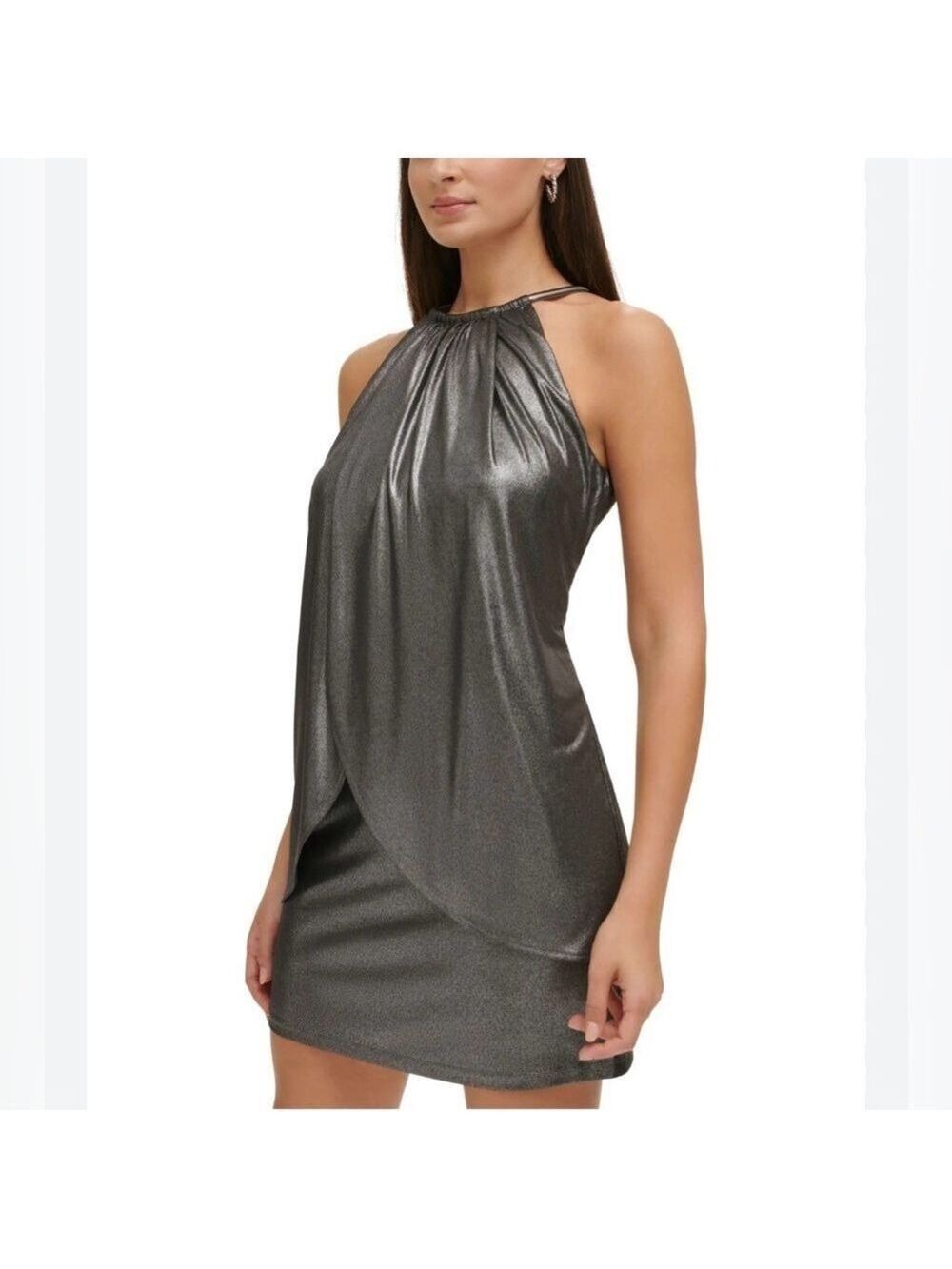 KENSIE Ruched Drape Metallic Hardware Sleeveless Halter Cocktail Sheath Dress 12